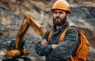 Bearded construction worker with orange bag near excavator in open pit