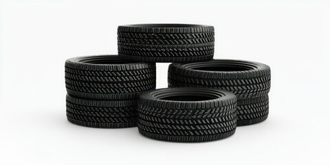 Stack of new tires on white background