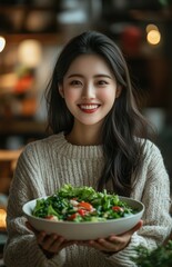 Young Asian woman holding salad bowl and smiling at dining table in home kitchen