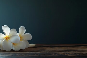 Fototapeta premium the dim light of white Plumeria,Frangipani,Leelawadee flowers on a wooden table with copy space, closeup