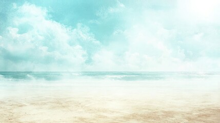 Obraz premium Serene beach scene with soft, pastel-colored sky and ocean, sandy beach in the foreground.