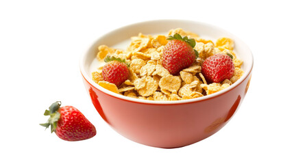 A bowl of breakfast cereal with milk and a few strawberries isolated on a transparent background, PNG