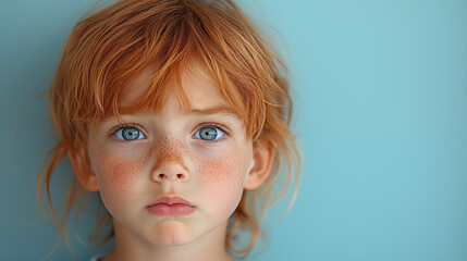 Red-haired child gazing with bright blue eyes, natural freckles highlighting innocent expression