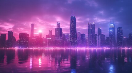 Fototapeta premium City skyline sunset chicago digital art urban landscape aerial view