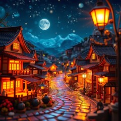 Obraz premium A whimsical Japanese village diorama at night art piece, rendered in glowing bioluminescent warm golden hues, showcasing radiant luxurious natural light effects and vibrant glows