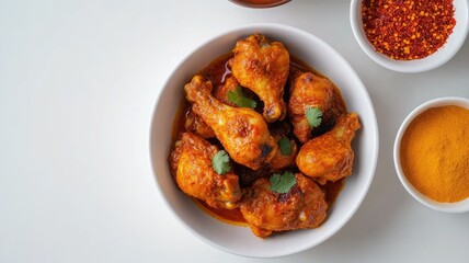 Spicy marinated chicken drumsticks in white bowl, garnished with cilantro