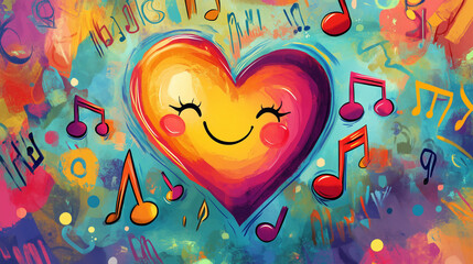 A heart with a smiling face, surrounded by floating musical notes and abstract doodles in bright tones.