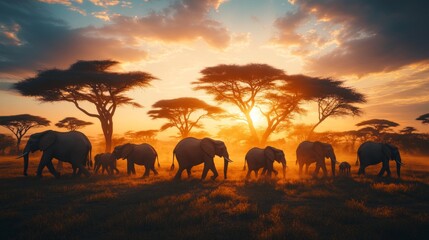 Obraz premium African Elephant Herd Silhouettes Journey Across Savanna, Bathed in Golden Sunset Glow