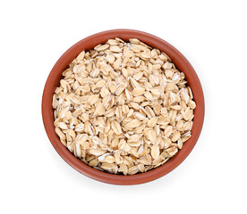 Dry oat flakes in bowl isolated on white, top view