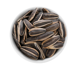 Sunflower seeds in bowl isolated on white, top view