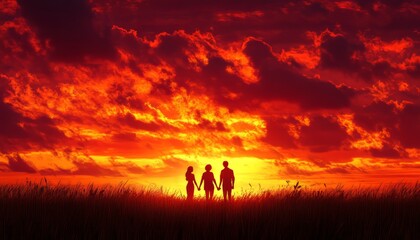 Silhouette of a Family of Three Holding Hands, Standing in a Meadow with a Dramatic, Fiery Sunset