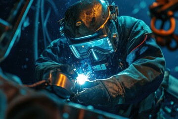 Close-up of underwater welder, precision cutting metal structure, wearing professional diving gear, illuminated by welding torch in deep marine environment