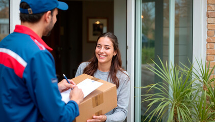 Happy Customer Receiving a Package from Delivery Person at Home