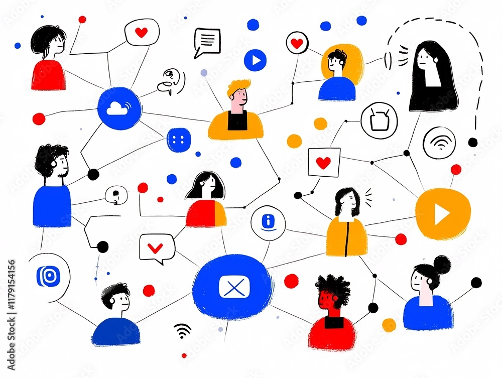 Poster interconnected digital communication network with vibrant abstract user profile avatars messaging ic