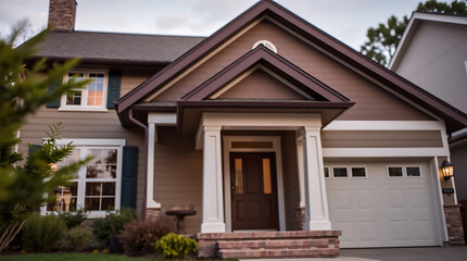 Obraz premium Two-story house with brown siding, white columns framing the entryway, a brown door, and a white garage door. Landscaping is visible in the foreground.