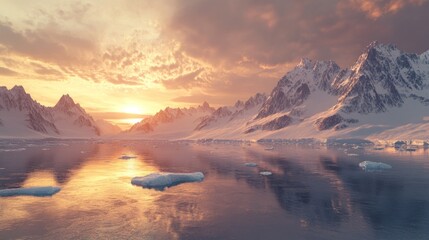 Breathtaking sunset over serene arctic landscape with snow-capped mountains and calm icy water reflecting the golden light.