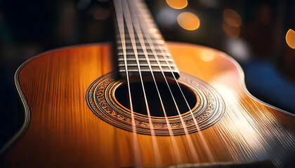 Fototapeta premium Close-up of an acoustic guitar's soundhole and strings, showcasing rich wood grain and warm lighting. Ideal for music-related websites, album art, or advertising.