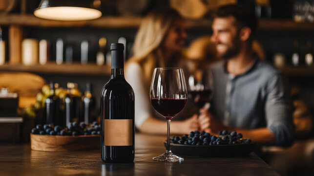 Young couple enjoying wine tasting at a rustic vineyard surrounded by barrels and grapes in a cozy setting