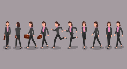 A business woman walk and running in different views. Vector illustration
