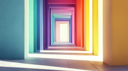 Colorful hallway with vibrant rainbow walls and bright light at the end.