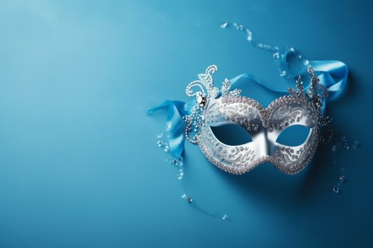 Elegant silver mask with blue ribbon, decorations, and crystals lying on a vibrant blue backdrop, perfect for mardi gras or masquerade ball invitations