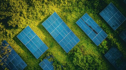 golden hour view of solar panels in a lush green field, focus on sustainability and innovation, vibrant lighting