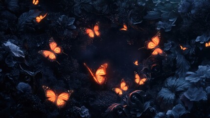 A mystical gothic background featuring glowing butterflies amidst shadowy flowers and swirling baroque elements