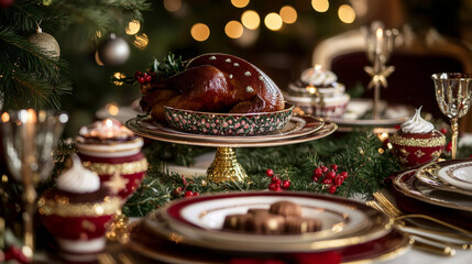 Christmas holidays cuisine greeting poster of New Year dinner. Xmas turkey, gingerbread cookie, pudding and chocolate cake banner, decorated with holly and pine tree, candle, star and ribbon