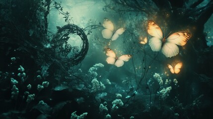 Fototapeta premium A mystical gothic garden background with luminous butterflies, ornate flowers, and twisting dark greenery