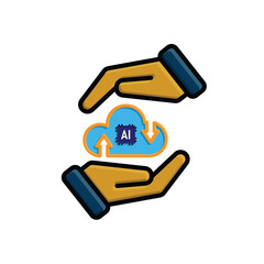 ai icon. Cloud Computing in hand, Outline icons include network, Download and Upload. for computers, technology. colored flat design style. vector design template