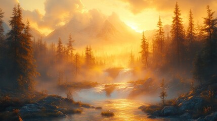 Naklejka premium A serene landscape at sunset, featuring mountains, trees, and a flowing river.