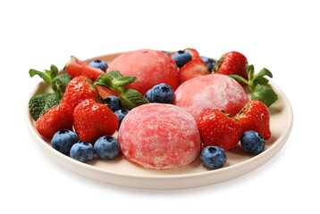 Delicious mochi, strawberries, blueberries and mint isolated on white