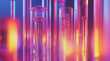 Fototapeta premium Close-up of DNA strands glowing in a futuristic laboratory setting, symbolic depiction of medical research, isolated with a clean gradient background for clarity.