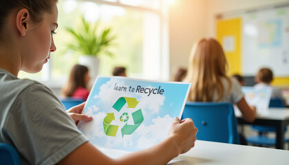 Student reading recycling poster in classroom, educational awareness