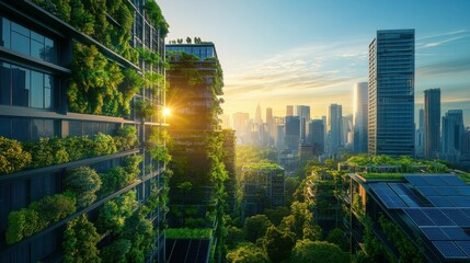 Obraz premium Futuristic cityscape with vertical gardens and solar panels, vibrant and eco-friendly depiction, isolated with a clean background for focus and rendering.