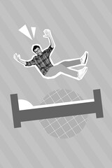 3d retro abstract creative collage artwork template of funny funky guy falling down cozy bed isolated painting background