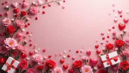 Obraz premium Colorful Floral Arrangement With Hearts and Gifts for a Festive Celebration. St Valentines gift Concept