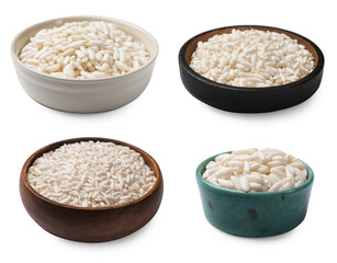 Crispy puffed rice in bowls isolated on white, set