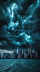 Image of city skyline under dark stormy clouds, dynamic dramatic background, symbolic representation of adversity and resilience, cinematic artistic theme printed on Printed Aluminium Shower Panels