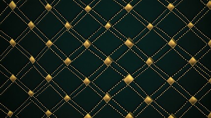 Fototapeta premium Dark green background with golden diamond pattern and dotted lines.