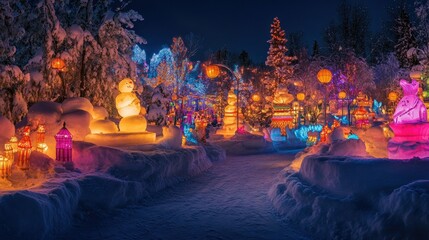 Obraz premium Enchanting Winter Wonderland with Colorful Lights and Snow Sculptures