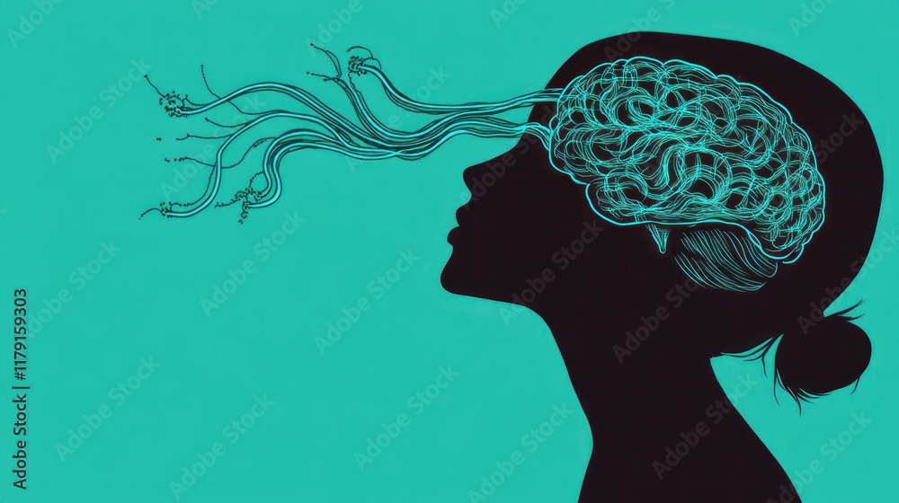 Poster creative depiction of human brain with abstract lines and shapes