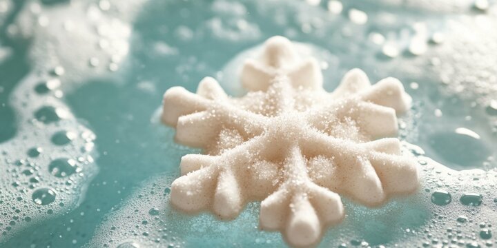Close-up of a festive bath bomb shaped like a snowflake, fizzing in a bathtub, releasing holiday scents like cinnamon and pine.