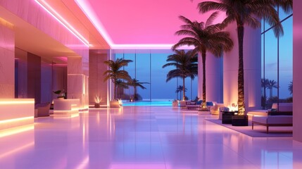 Fototapeta premium Luxurious hotel lobby with pink neon lighting, palm trees, and ocean view.