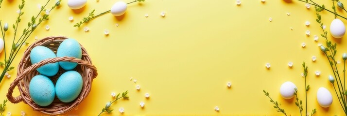 Fototapeta premium Spring themed arrangement with blue easter eggs on yellow background