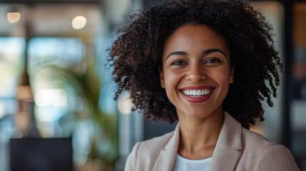 Obraz premium Smiling woman in a cozy cafe during a sunny afternoon, radiating positivity and warmth