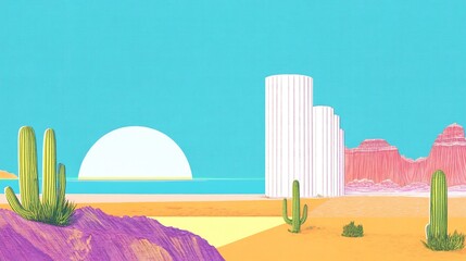 Vibrant Digital Illustration: Retro-Futuristic Desert Oasis at Sunset. AI Generated