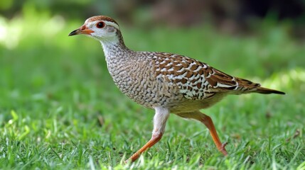 Obraz premium A small, brown and white bird with orange legs walks through green grass.