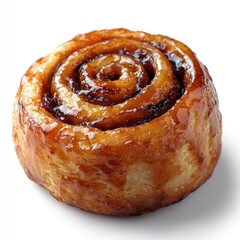 A picture of a freshly baked, golden-brown cinnamon roll, glazed with a rich caramel topping. The spiral pattern is visible, and the pastry looks soft and delicious.