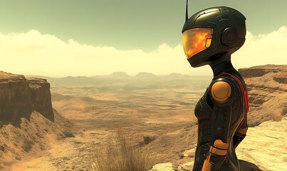 Female astronaut on alien planet.